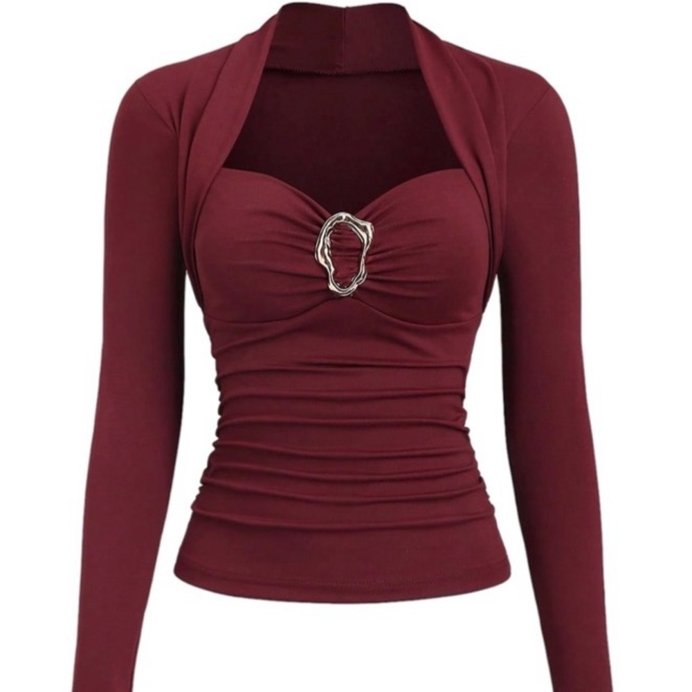 Women’s Burgundy Long-Sleeve Ruched Top with Decorative Buckle